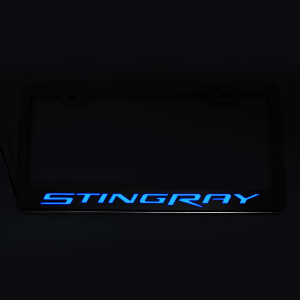 Corvette License Plate Frame - Chrome w/Stainless Steel Illuminated "STINGRAY" Script : C7 Stingray