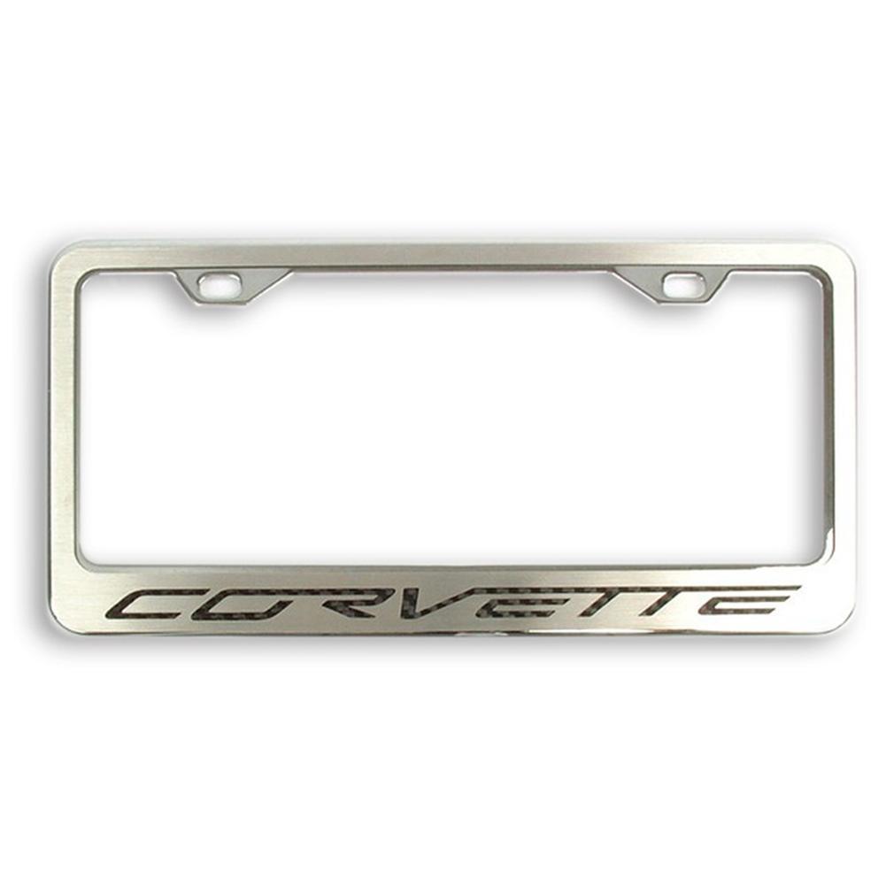 Corvette License Plate Frame - Stainless Steel w/Corvette Lettering : 2005-2013 C6 All (Black Carbon Fiber Look)