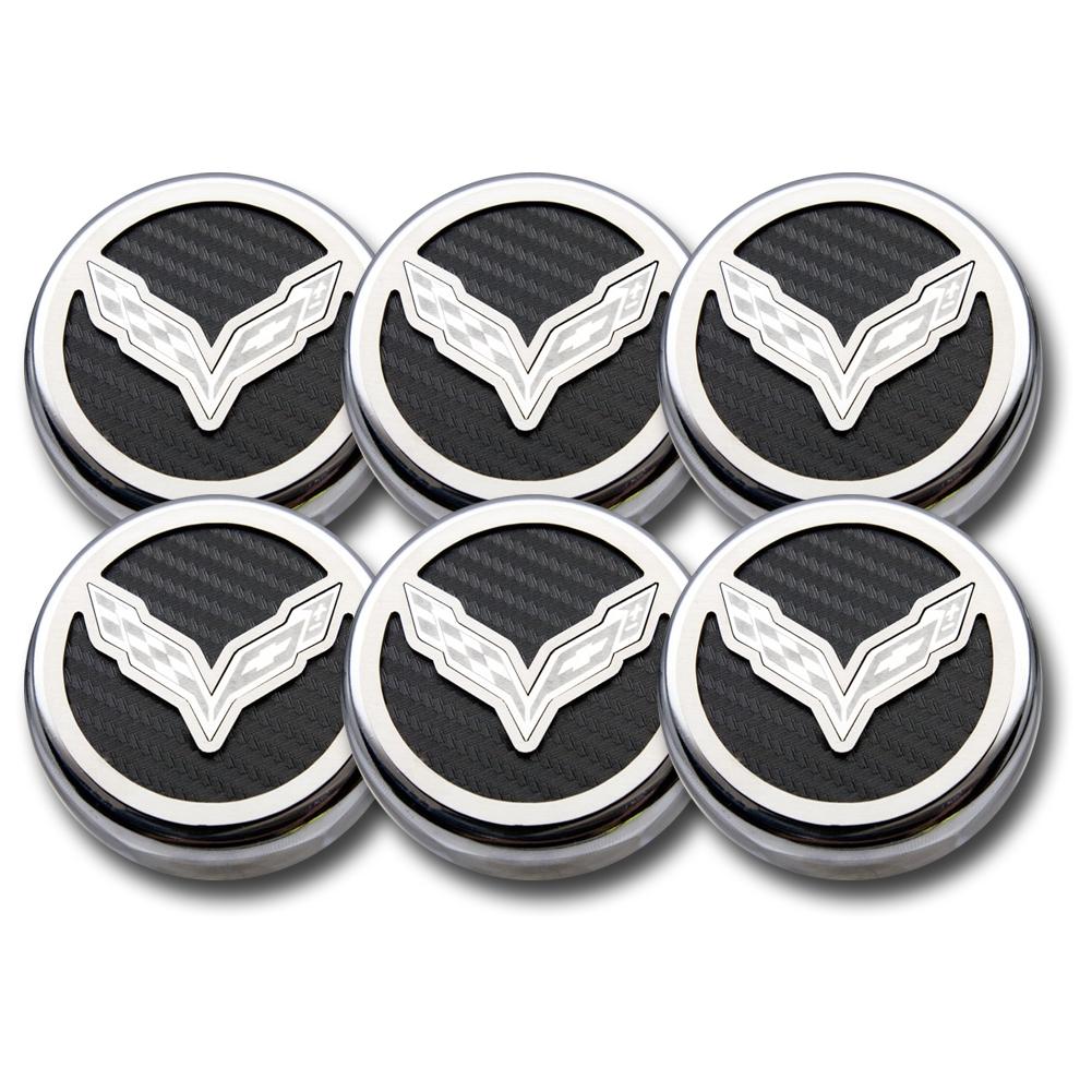 Corvette Manual Cap Cover Set - Crossed Flags - Chrome/Brushed/Carbon Fiber Inlay : C7 Stingray, Z51 (Green)