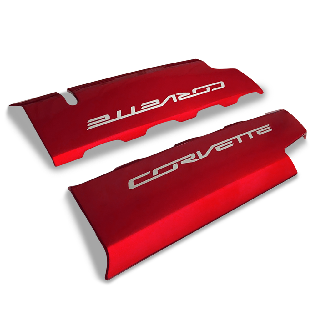 Corvette OEM Smooth Fuel Rail Covers - Custom Painted Crystal Red with Silver Letters : 2014-2019 C7 Stingray, Grand Sport