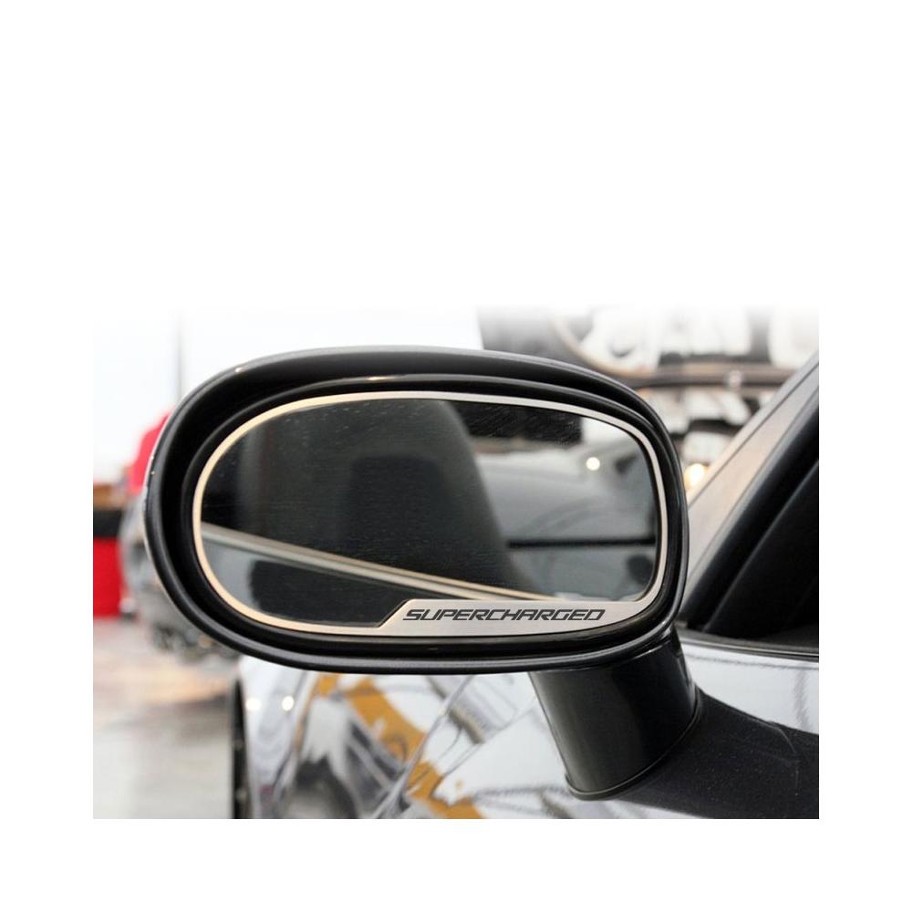 Corvette Sideview Mirror Trim "SUPERCHARGED" - Brushed Stainless Steel 2 pc. : 2005-2013 C6, Z06, ZR1 & Grand Sport