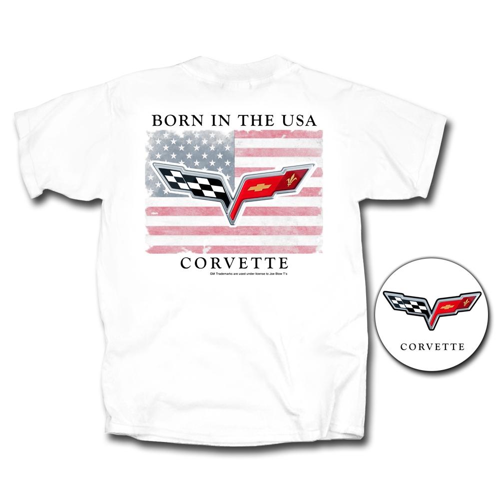 Corvette T-Shirt - "Born In The USA" w/ C6 Crossed Flags : White (Medium)