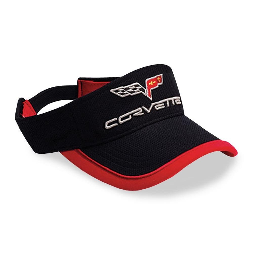 Corvette - Black & Red Pique Mesh - Embroidered C6 Logo Visor : 2005-2013 C6
