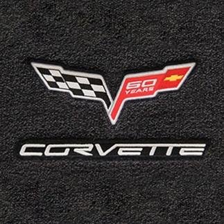 Corvette Convertible Cargo Mat - Velourtex 60th Anniversary in Cross Flags with Silver Corvette Script : C6 or Grand Sport - Ebony
