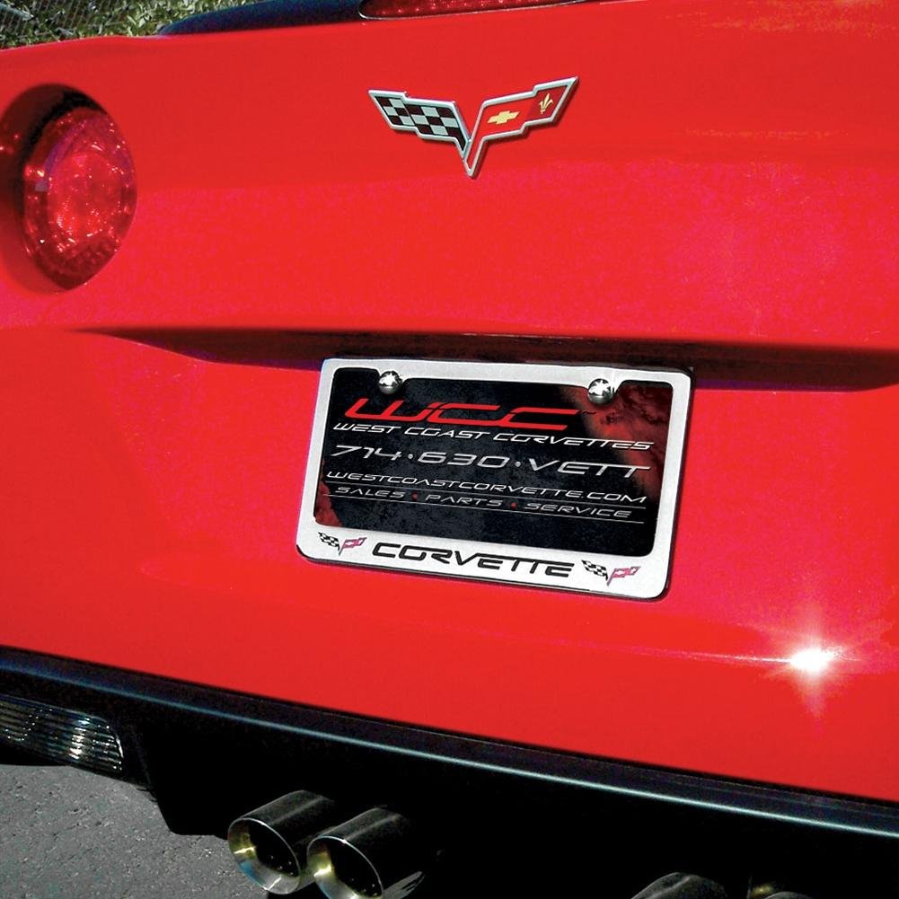 Corvette Script Chrome License Plate Frame w/Double Crossed Flags Logo : C6 2005-2013