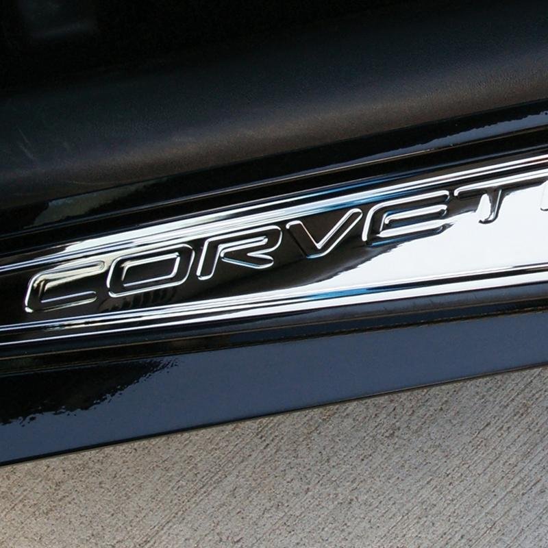 Corvette Door Sill Plates - Billet Chrome with 50th Anniversary Logo : 1997-2004 C5 & Z06 (Blem)