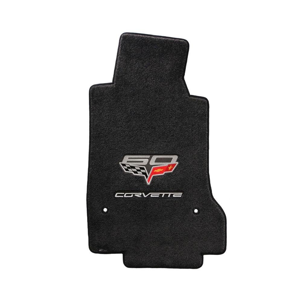 Corvette Lloyd Ultimat Floor Mats - 60th Anniversary above Flags w/Silver Corvette Script - Ebony- Set of 2 : 2007.5-2013 C6, Z06, Grand Sport & ZR1