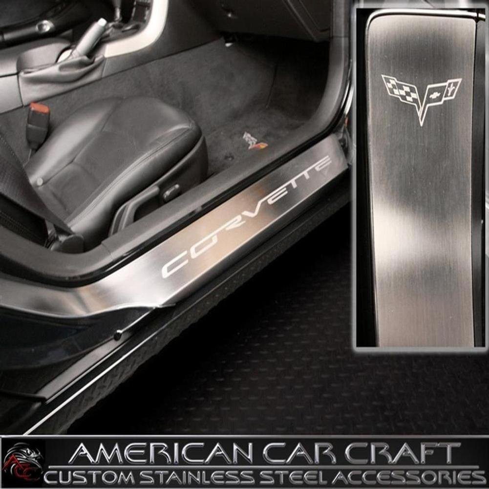 Corvette Door Sill Protectors Full Length - Stainless Steel w/ Etched C6 Emblem : 2005-2013 C6