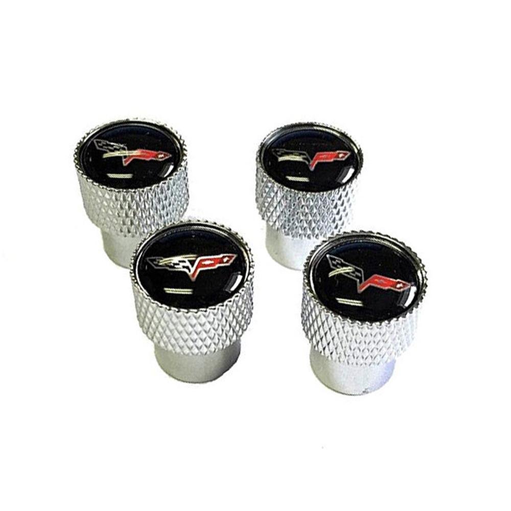 Corvette Knurled Aluminum Valve Stem Caps - Crossed Flags : 2005-2013 C6