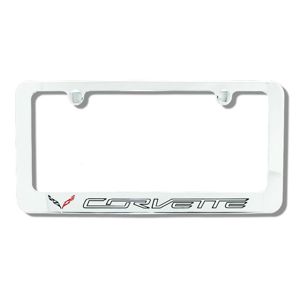 C7 Corvette Stingray Polished Billet Aluminum License Plate Frame w/Crossed Flags Logo