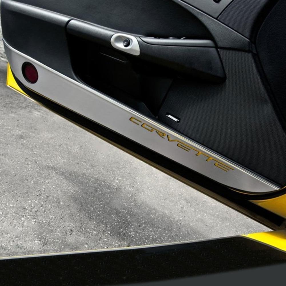 Corvette Kick Panel/Door Guards - Brushed Stainless Steel with Carbon Fiber Corvette Inlay : 2005-2013 C6