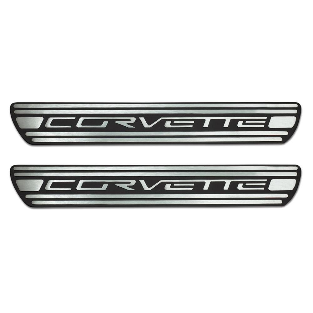 Corvette Door Sill Plates - Two-Tone Billet Aluminum with Corvette Script : 2005-2013 C6