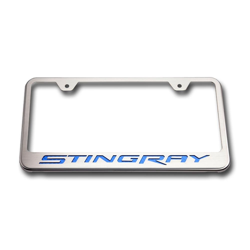 Corvette License Plate Frame - Chrome w/Stainless Steel Overlay & Carbon Fiber "STINGRAY" Script : C7 Stingray