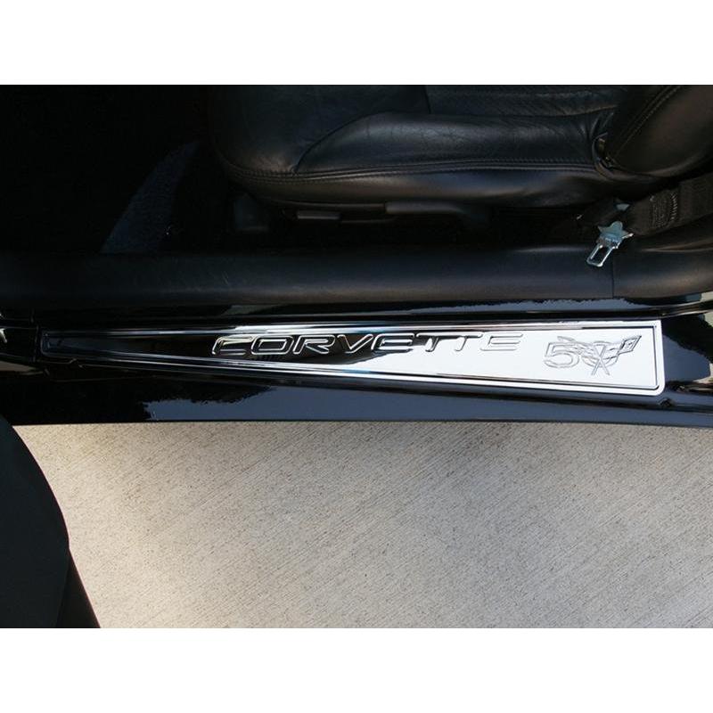 Corvette Door Sill Plates - Billet Chrome with 50th Anniversary Logo : 1997-2004 C5 & Z06 (Blem)