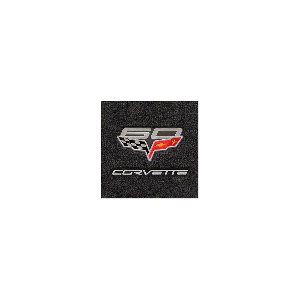 Corvette Lloyd Ultimat Floor Mats - 60th Anniversary above Flags w/Silver Corvette Script - Ebony- Set of 2 : 2007.5-2013 C6, Z06, Grand Sport & ZR1