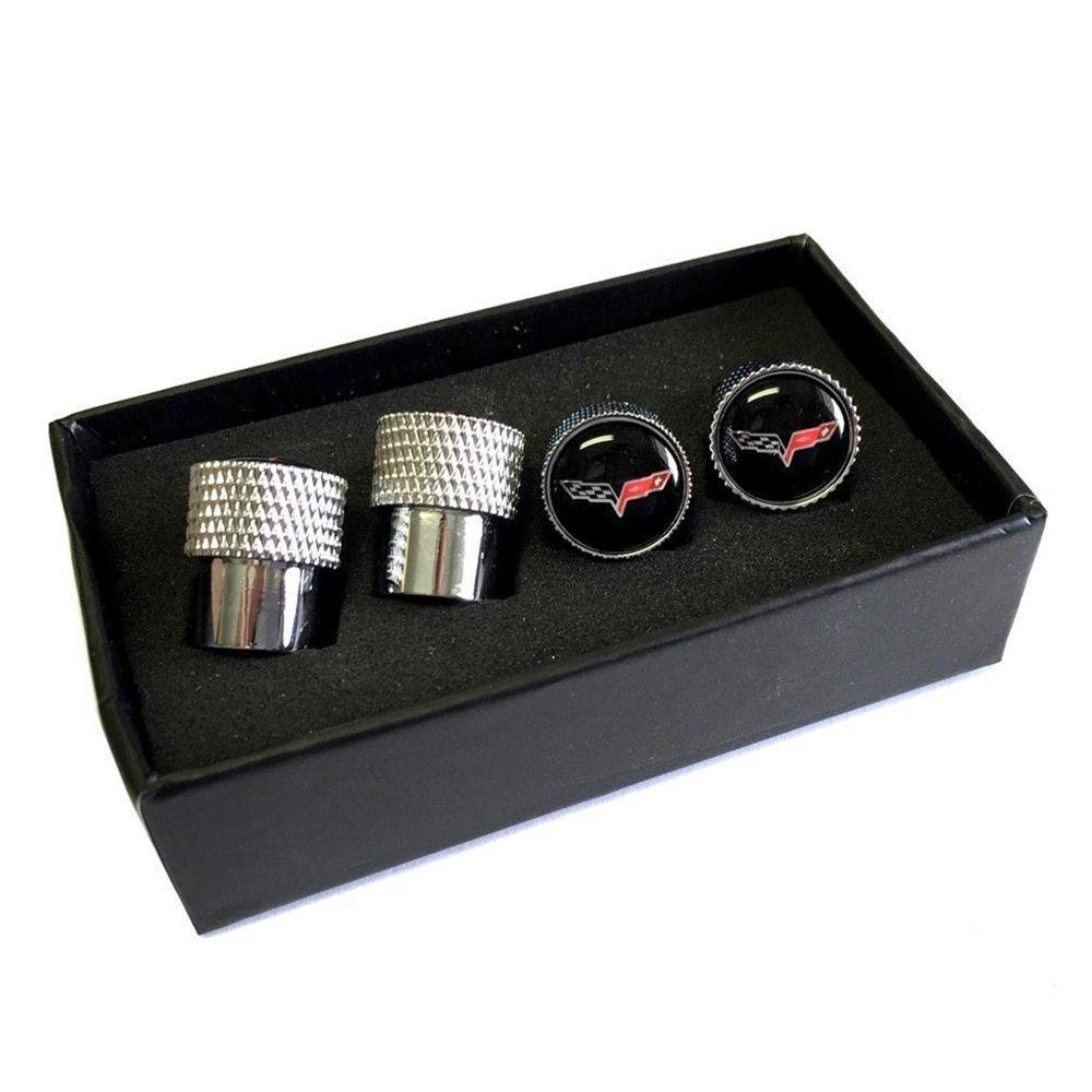 Corvette Knurled Aluminum Valve Stem Caps - Crossed Flags : 2005-2013 C6