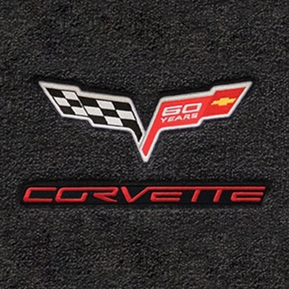 Corvette Lloyd Ultimat Floor Mats - 60th Anniversary in Cross Flags with Red Corvette Script : 2007.5-2013 C6, Z06, Grand Sport & ZR1- Ebony - Set of 2