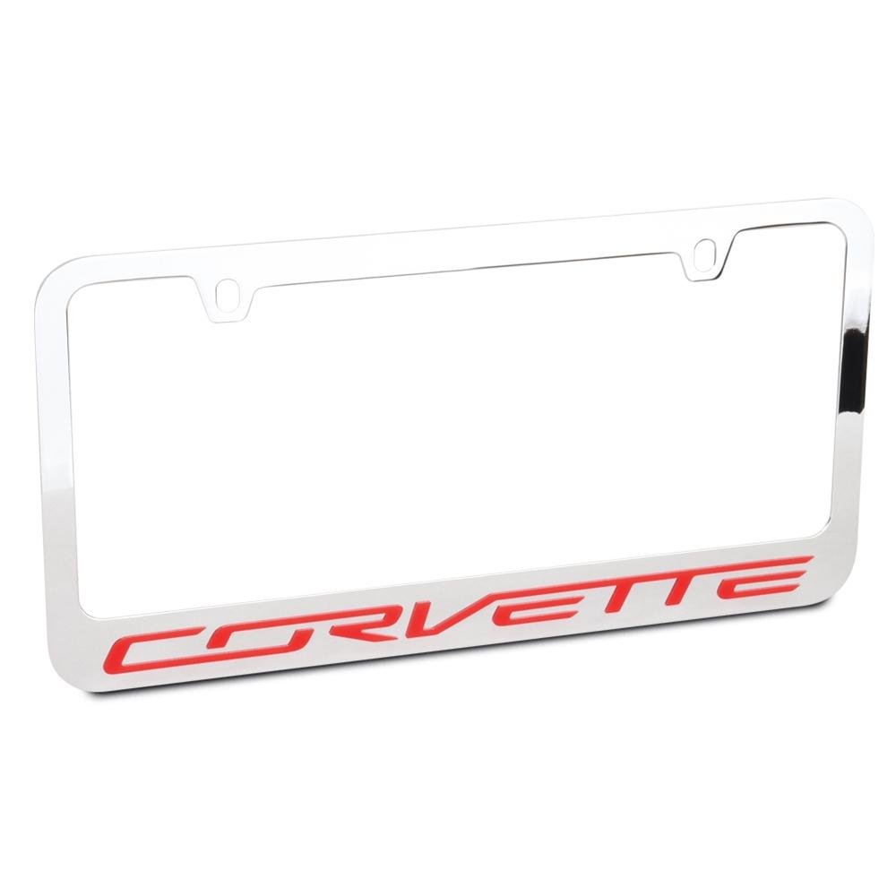 Corvette Red Script on Chrome License Plate Frame : C7 Stingray, Z51, Z06, Grand Sport