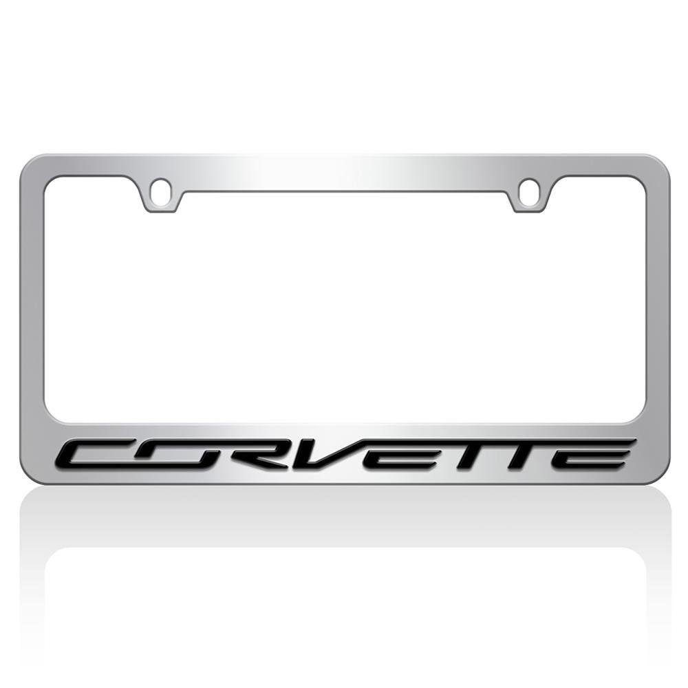Corvette Black Script on Chrome License Plate Frame : C7 Stingray, Z51, Z06, Grand Sport