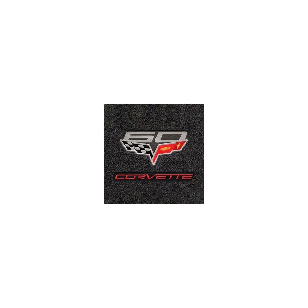 Corvette Lloyd Ultimat Floor Mats - 60th Anniversary above Flags w/Red Corvette Script : 2007.5-2013 C6, Z06, Grand Sport & ZR1- Ebony - Set of 2
