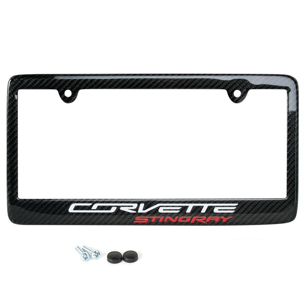 Corvette License Plate Frame - Carbon Fiber Red Lettering: C7 Stingray