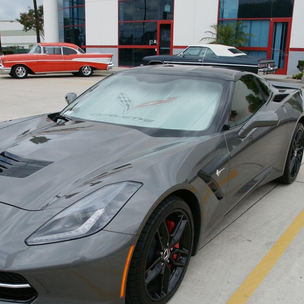 Corvette Logo Accordion Style Sunshade - Insulated Silver : C7 Stingray, Z51, Z06, Grand Sport