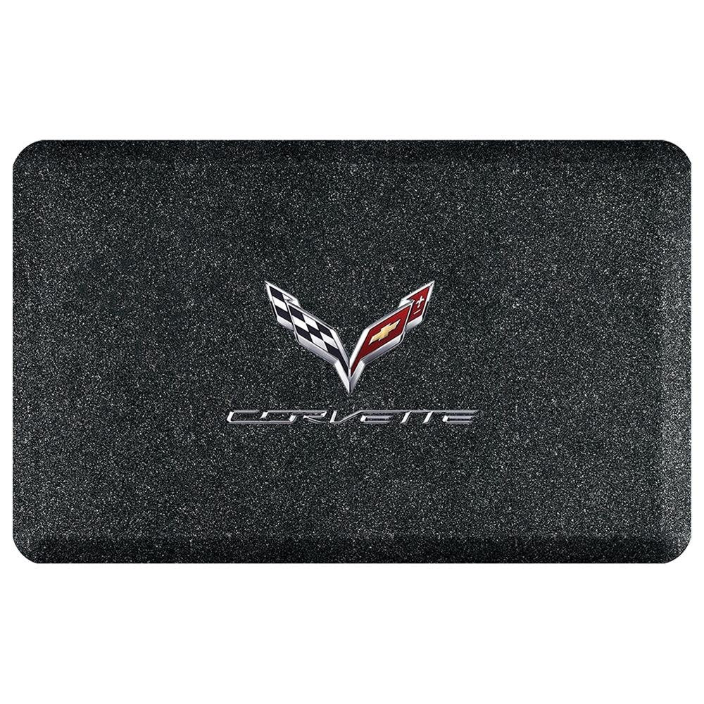 Corvette Premium Garage Floor Mat with Crossed Flags Logo & Corvette Script - 32"x 20" - Mosaic Onyx : C7 Stingray