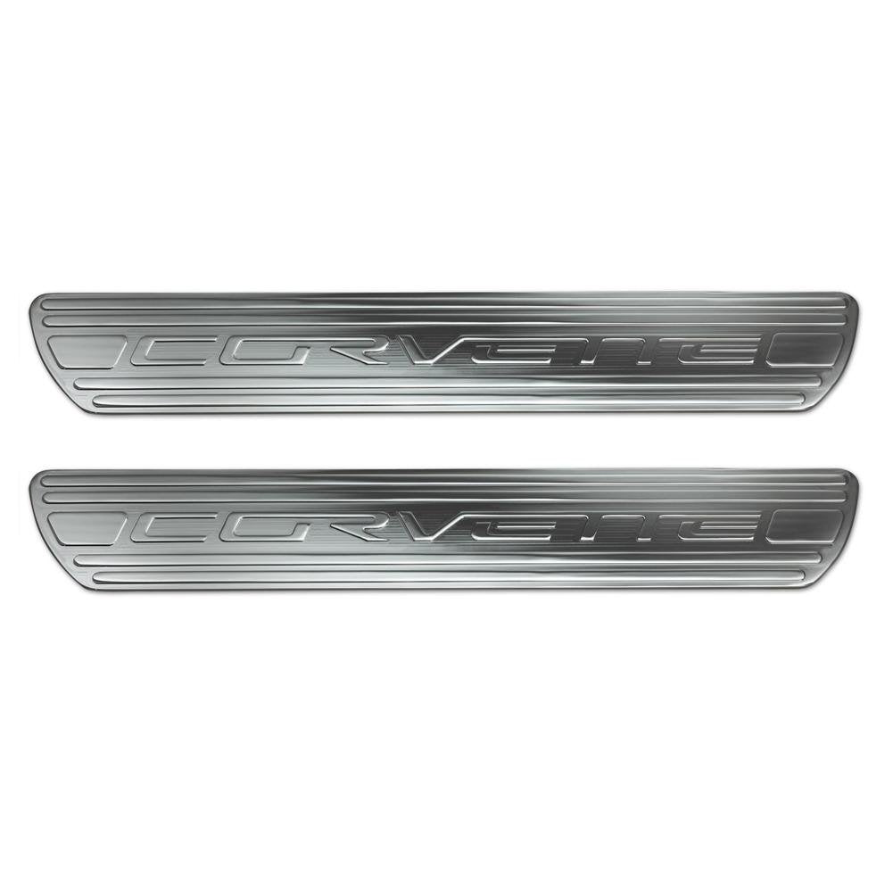 Corvette Door Sill Plates - Chrome Billet Aluminum with Corvette Script : 2005-2013 C6