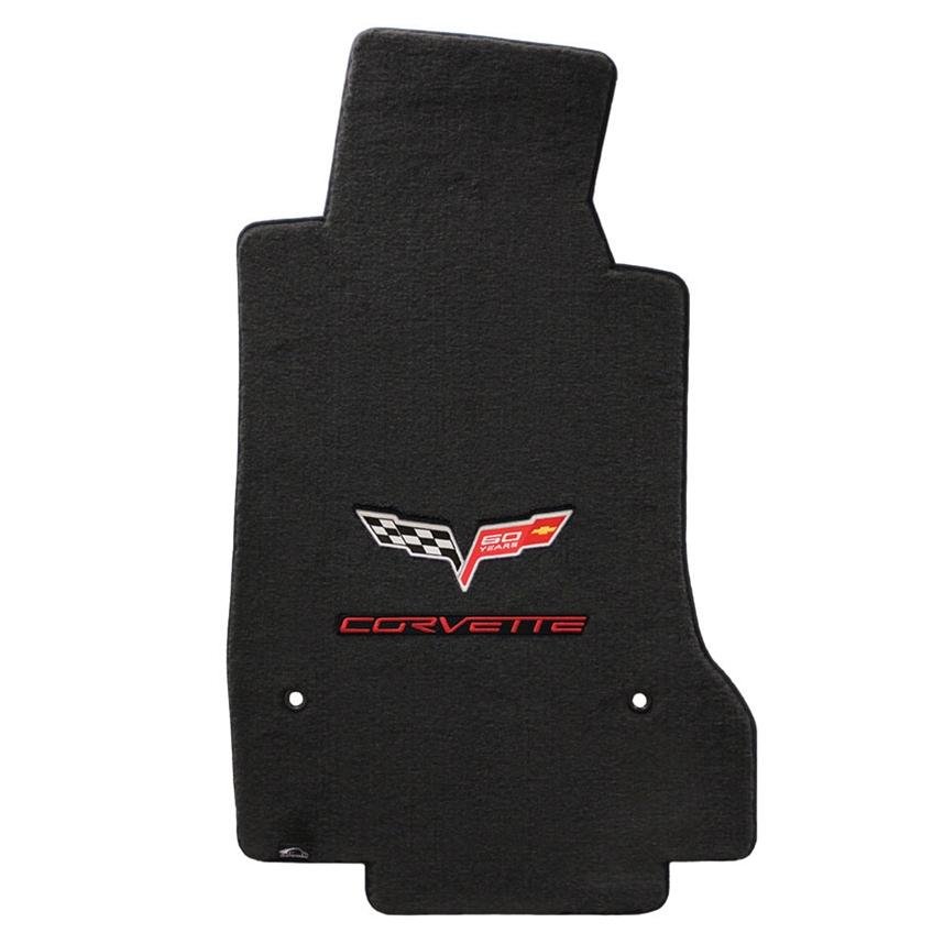 Corvette Lloyd Ultimat Floor Mats - 60th Anniversary in Cross Flags with Red Corvette Script : 2007.5-2013 C6, Z06, Grand Sport & ZR1- Ebony - Set of 2