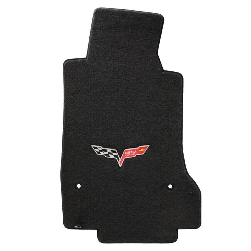 Corvette Floor Mats - Velourtex 60th Anniversary in Cross Flags : 2007.5-2013 C6, Z06, Grand Sport & ZR1- Ebony