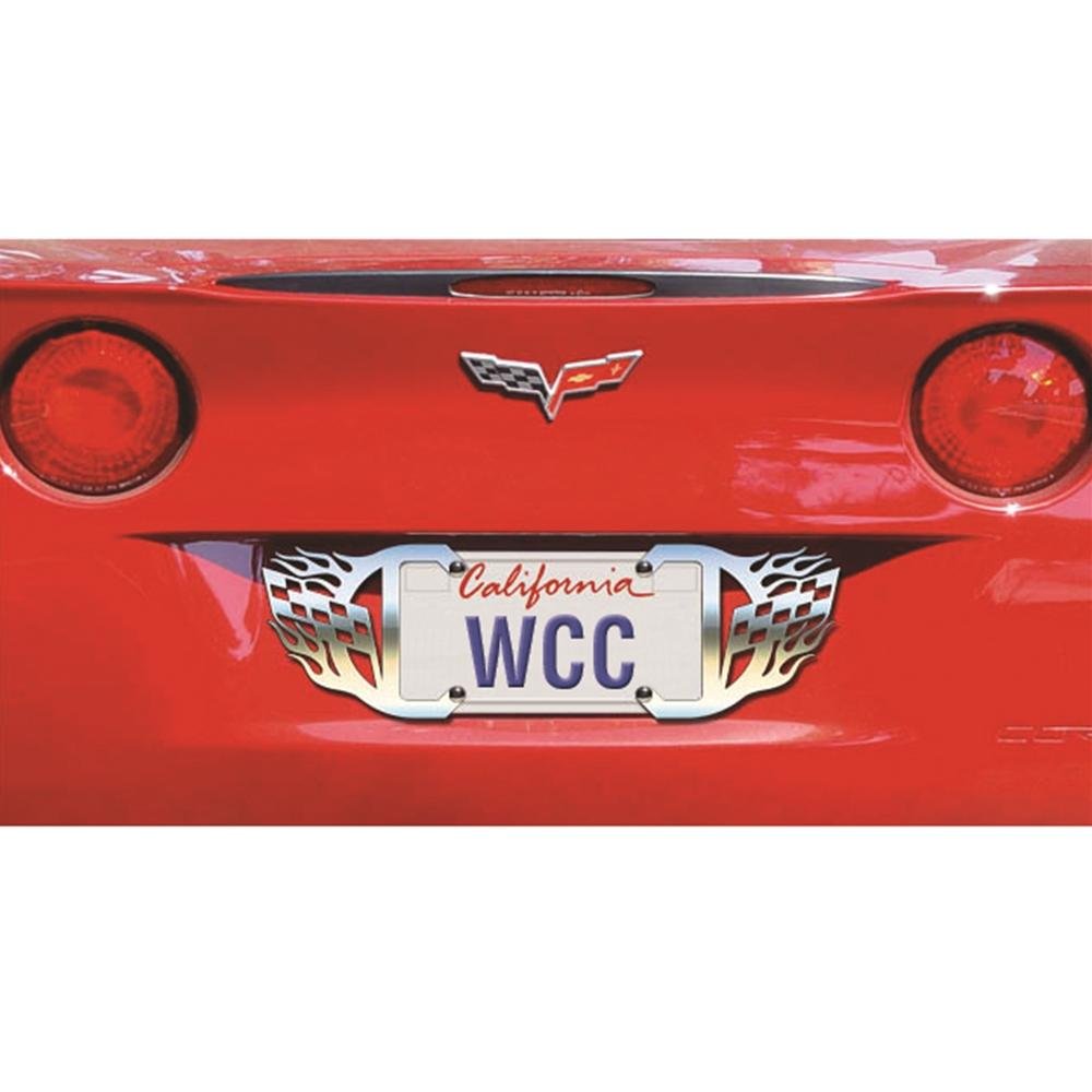 Corvette Flags and Flames Stainless Steel License Plate Frame : C6 2005-2013