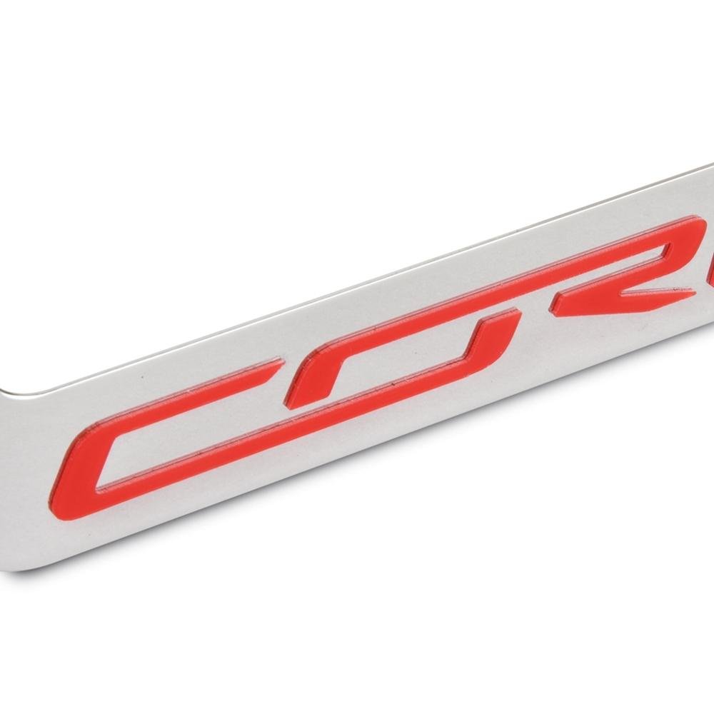 Corvette Red Script on Chrome License Plate Frame : C7 Stingray, Z51, Z06, Grand Sport