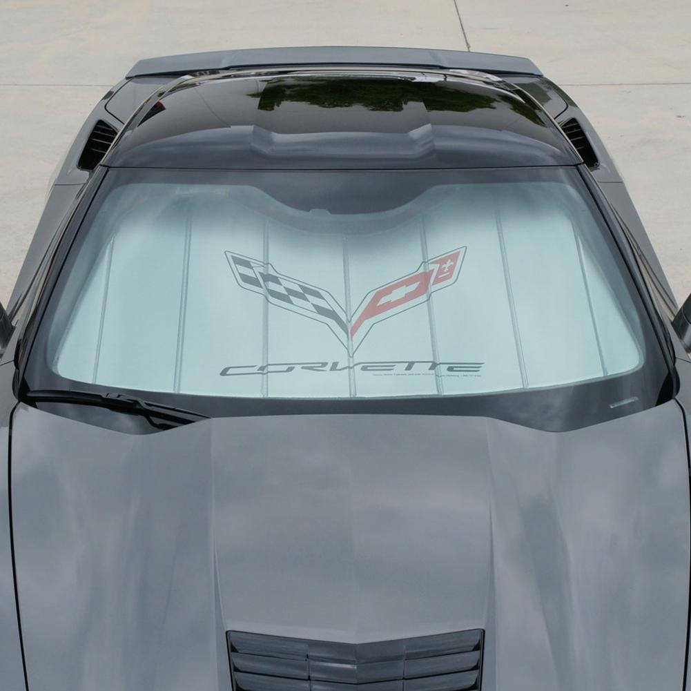Corvette Logo Accordion Style Sunshade - Insulated Silver - Blem : C7 Stingray, Z51, Z06, Grand Sport