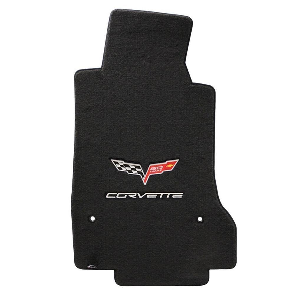 Corvette Floor Mats - Velourtex 60th Anniversary in Cross Flags with Silver Corvette Script : 2007.5-2013 C6, Z06, Grand Sport & ZR1- Ebony