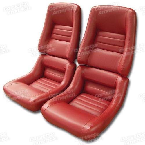 Corvette Mounted Leather Seat Covers. Red Leathr/Vinyl Original 4-Bolster: 1979-1981
