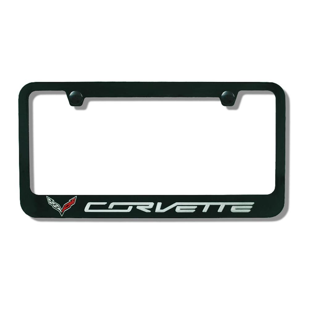 C7 Corvette Stingray Black License Plate Frame w/Crossed Flags Logo