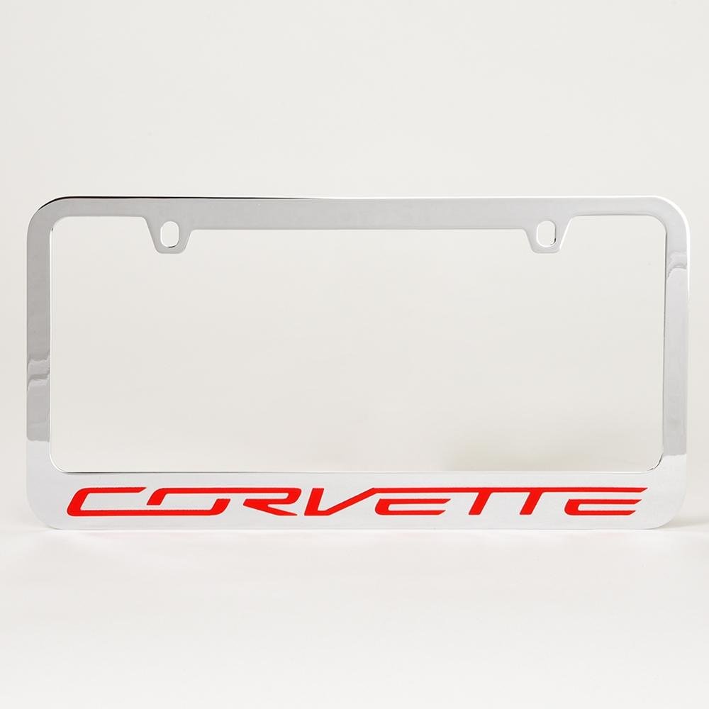 Corvette Red Script on Chrome License Plate Frame : C7 Stingray, Z51, Z06, Grand Sport