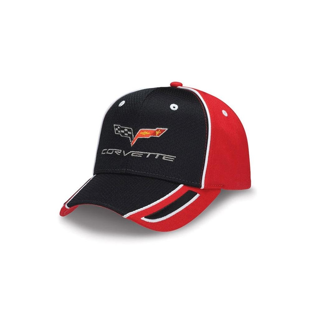 Corvette - Black & Red Pique Mesh - Embroidered C6 Logo Cap/Hat : 2005-2013 C6