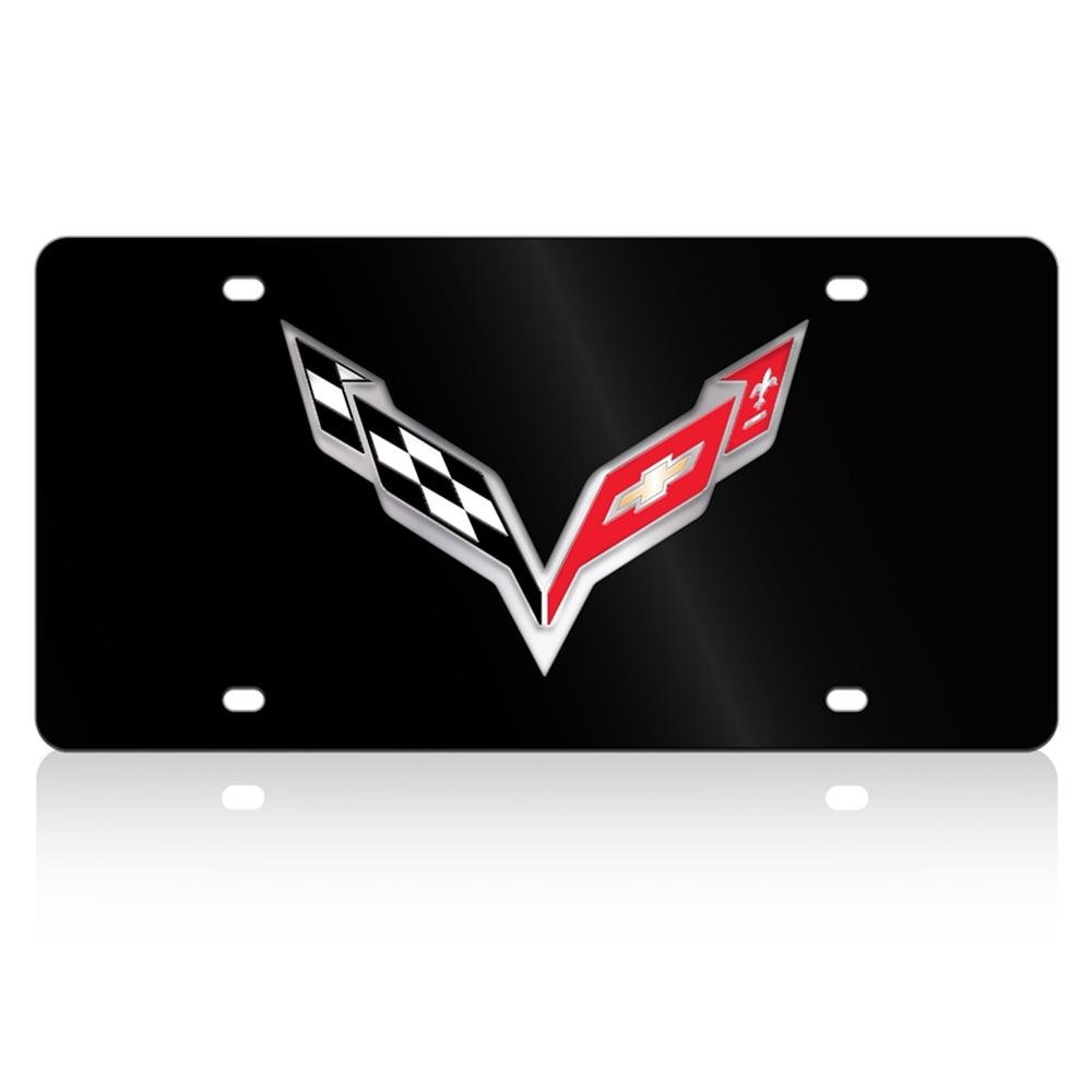 Corvette Crossed Flags License Plate/Tags - Black Stainless Steel : C7 Stingray
